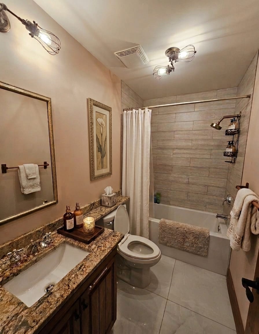 Main bathroom with heated ceramic floors and granite