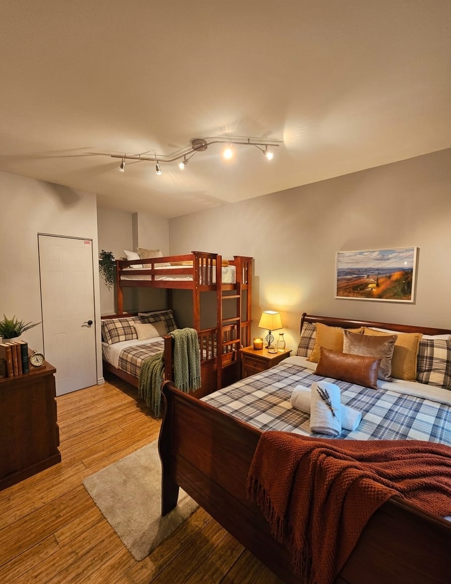 Second bedroom with double beds and bunk bed