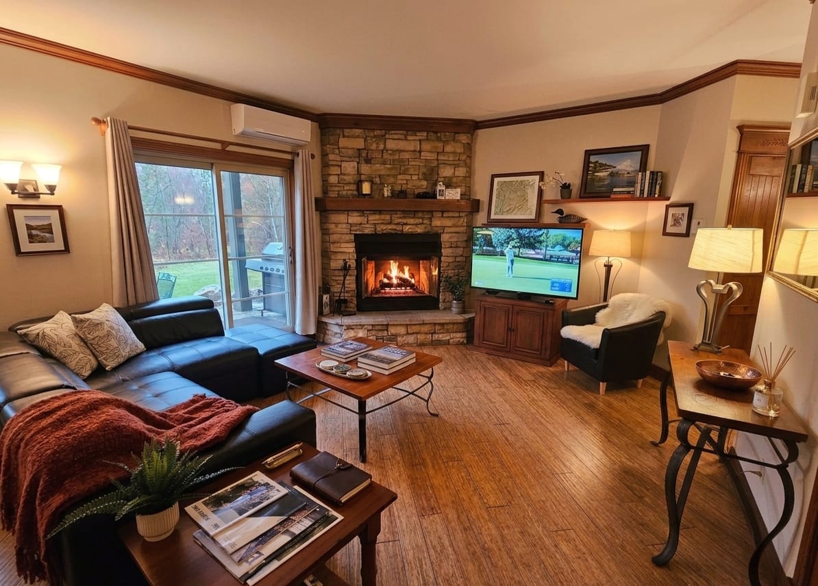 Living room with stone fireplace