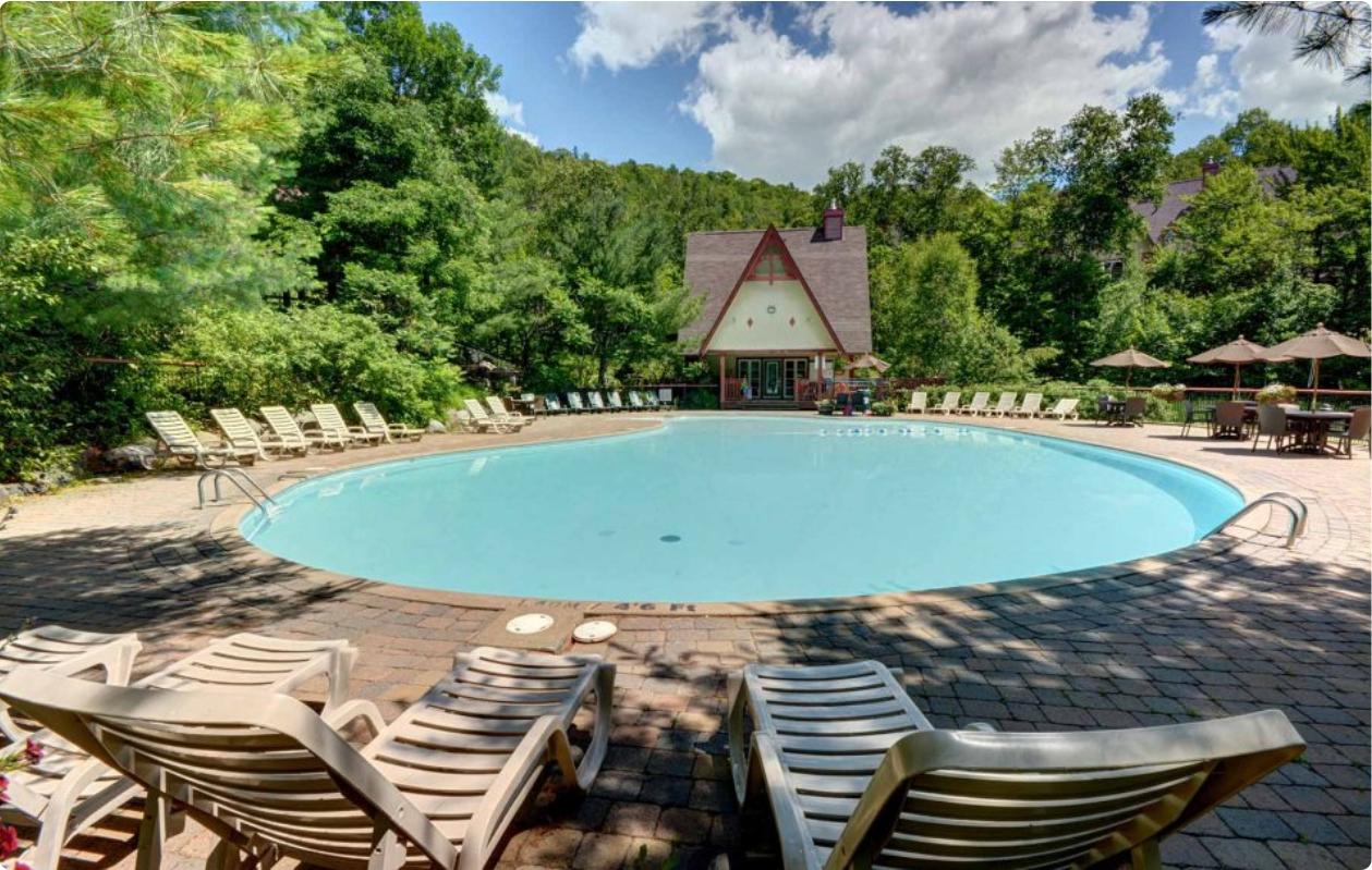 Pool area with A-frame building